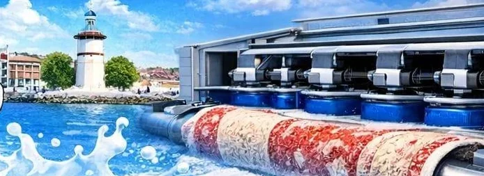 Fabrikada halı yıkama makinesinden geçen halı; arkada Silivri sahili